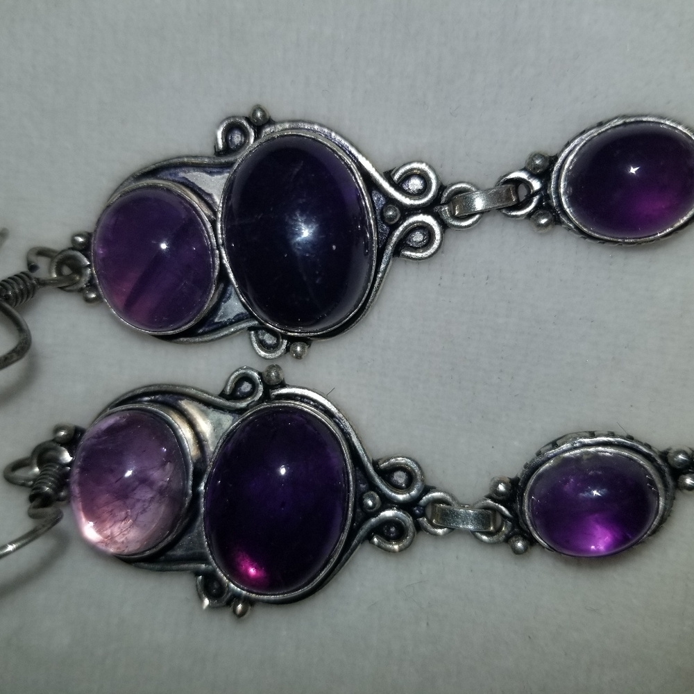 3 Tiered Amethyst Stone Pierced Earrings - Picture 6 of 9